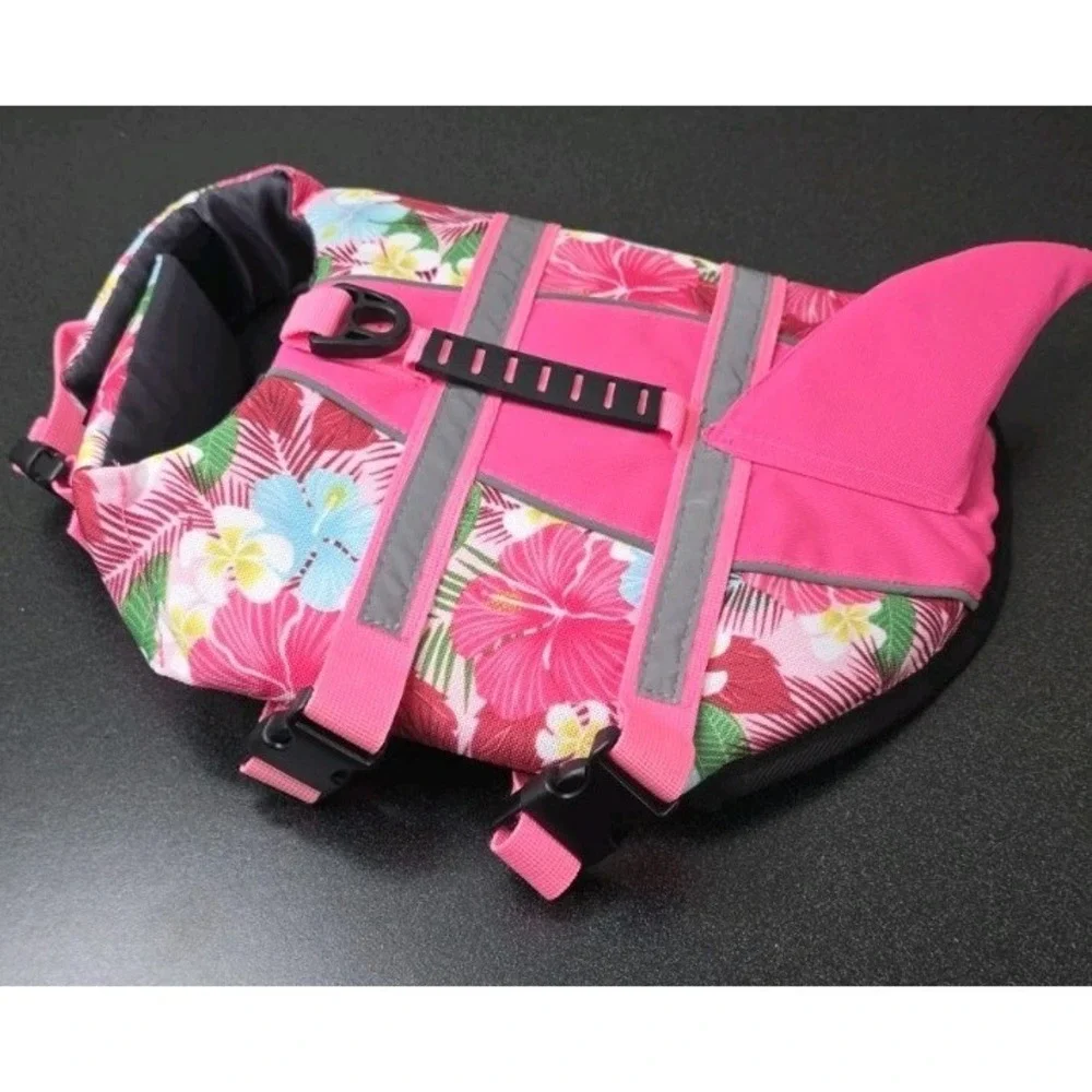 New Shark Dog Life Jacket Buoyancy Rescue Handle Adjustable PINK HAWAIIAN Swim